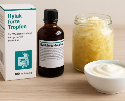 Hylak forte Tropfen mit Verpackung, daneben Glas mit Sauerkraut und Schale Joghurt auf Holzoberfläche.