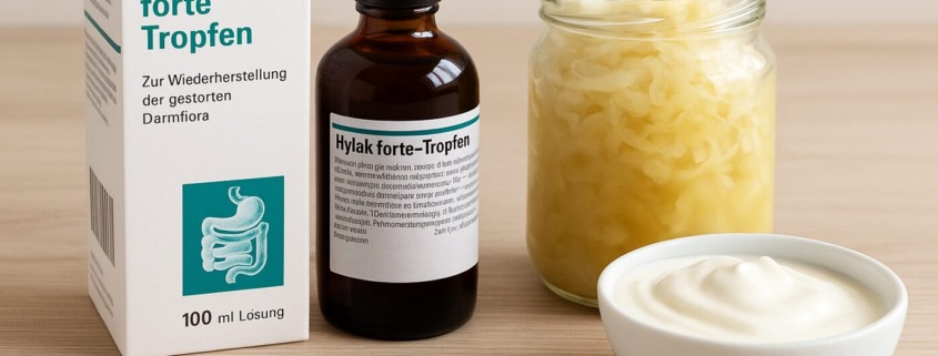 Hylak forte Tropfen mit Verpackung, daneben Glas mit Sauerkraut und Schale Joghurt auf Holzoberfläche.