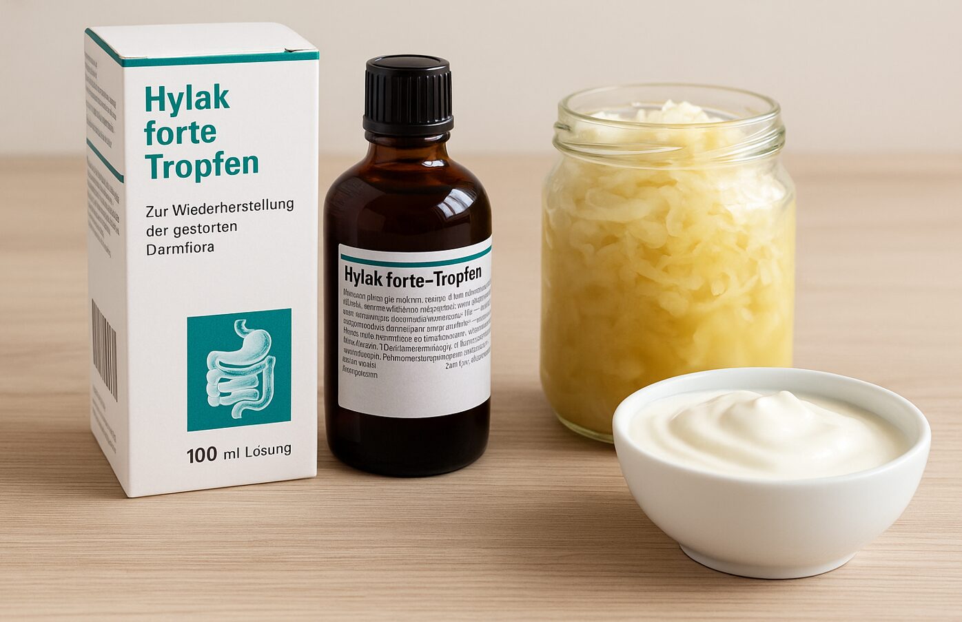 Hylak forte Tropfen – Wirkung, Anwendung & Erfahrungen zur Darmflora-Regeneration 1 Hylak forte Tropfen mit Verpackung, daneben Glas mit Sauerkraut und Schale Joghurt auf Holzoberfläche.