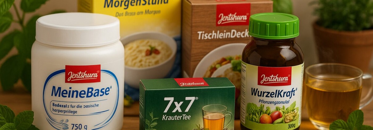 Peter Jentschura – Basische Pflege und Ernährungskonzepte 1 Jentschura Produkte MeineBase, MorgenStund, TischleinDeckDich, WurzelKraft und 7x7 KräuterTee mit Kräutern und Zutaten