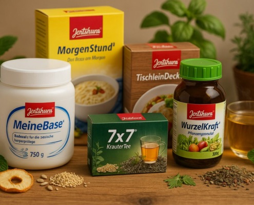 Jentschura Produkte MeineBase, MorgenStund, TischleinDeckDich, WurzelKraft und 7x7 KräuterTee mit Kräutern und Zutaten
