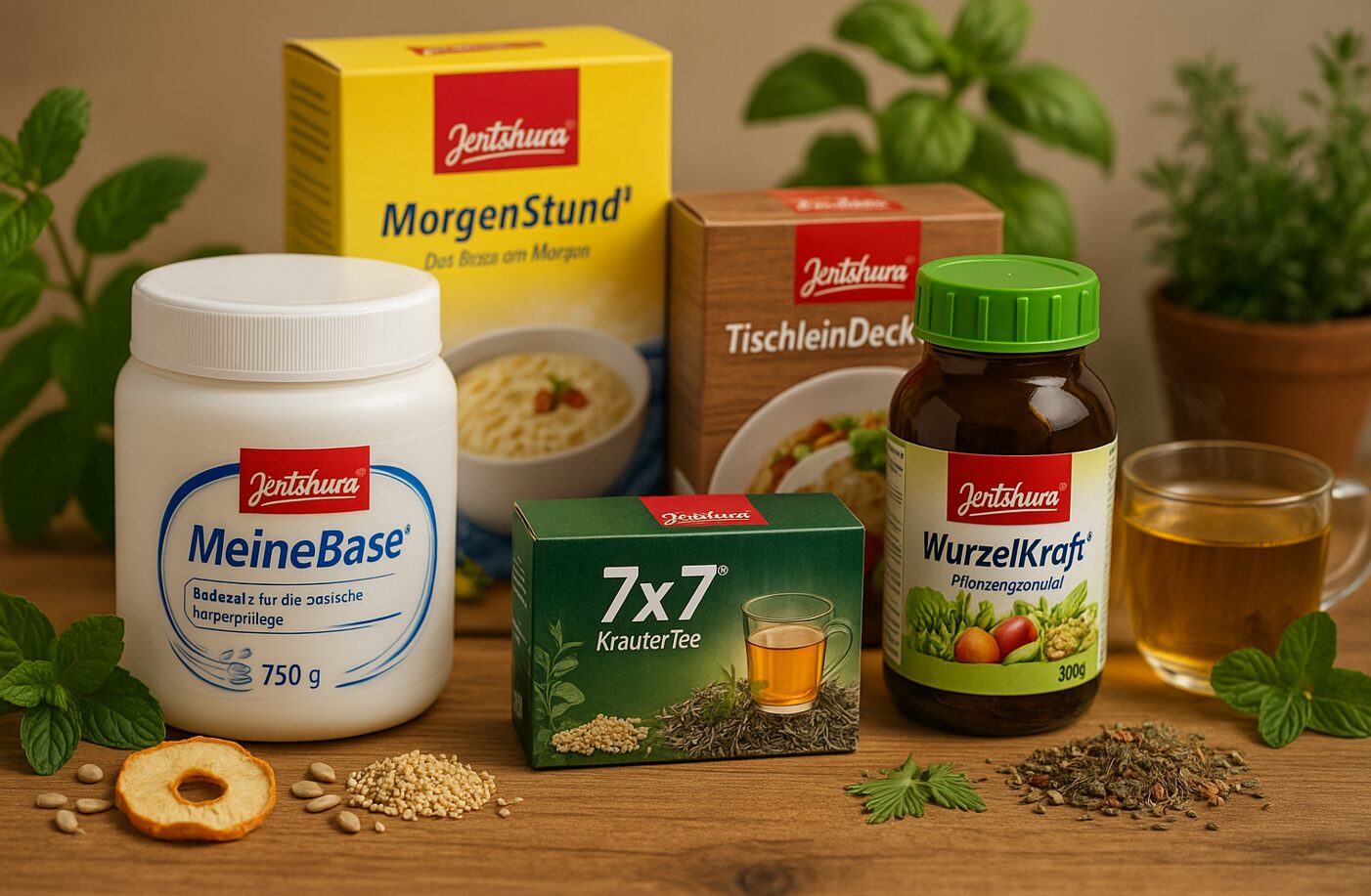 Peter Jentschura – Basische Pflege und Ernährungskonzepte 1 Jentschura Produkte MeineBase, MorgenStund, TischleinDeckDich, WurzelKraft und 7x7 KräuterTee mit Kräutern und Zutaten