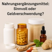 Nahrungsergänzungsmittel in verschiedenen Formen – Kapseln, Tabletten, Pulver und Tropfen – mit frischem Ingwer und Minze auf hellem Hintergrund