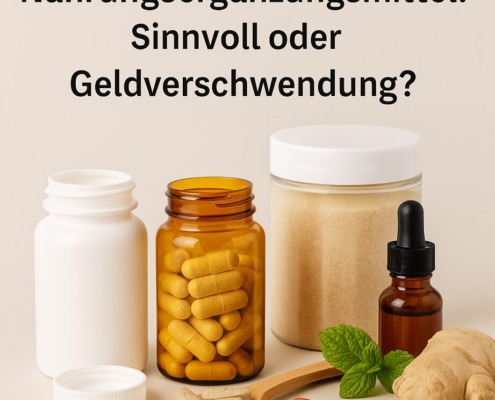 Nahrungsergänzungsmittel in verschiedenen Formen – Kapseln, Tabletten, Pulver und Tropfen – mit frischem Ingwer und Minze auf hellem Hintergrund