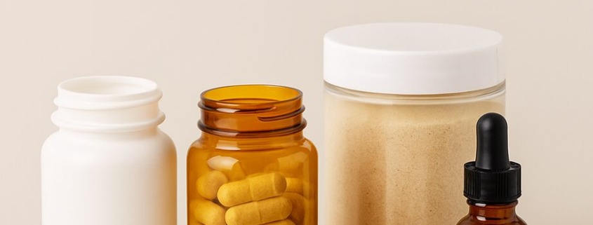 Nahrungsergänzungsmittel in verschiedenen Formen – Kapseln, Tabletten, Pulver und Tropfen – mit frischem Ingwer und Minze auf hellem Hintergrund