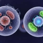Vergleich zweier menschlicher Zellen: links gealtert mit beschädigten Mitochondrien, rechts vital mit leuchtenden Organellen