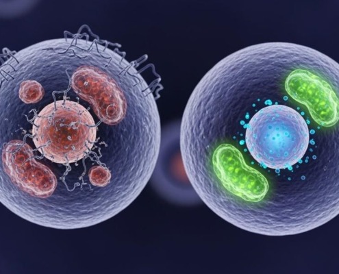 Vergleich zweier menschlicher Zellen: links gealtert mit beschädigten Mitochondrien, rechts vital mit leuchtenden Organellen