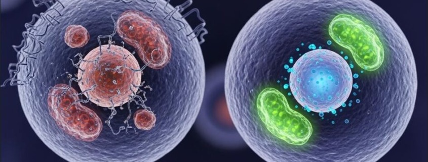 Vergleich zweier menschlicher Zellen: links gealtert mit beschädigten Mitochondrien, rechts vital mit leuchtenden Organellen