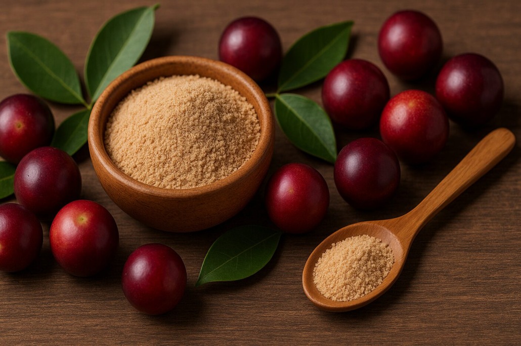 Camu-Camu-Früchte mit grünem Blattwerk neben Holzschälchen und Löffel mit Camu-Camu-Pulver auf Holztisch.