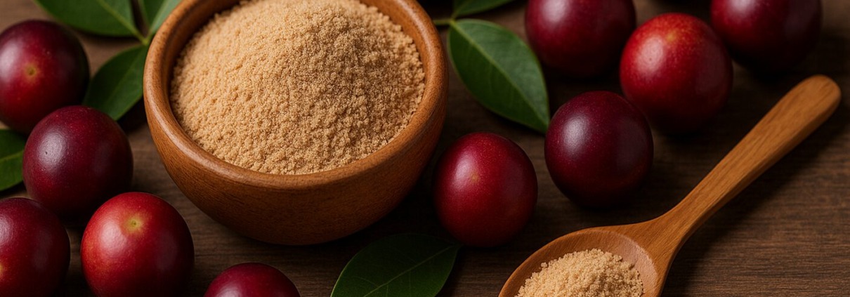 Camu-Camu-Früchte mit grünem Blattwerk neben Holzschälchen und Löffel mit Camu-Camu-Pulver auf Holztisch.