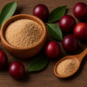 Camu-Camu-Früchte mit grünem Blattwerk neben Holzschälchen und Löffel mit Camu-Camu-Pulver auf Holztisch.