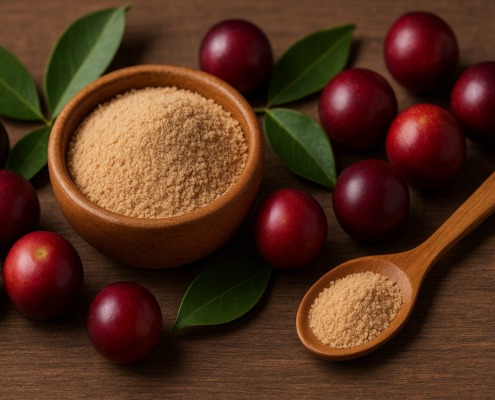Camu-Camu-Früchte mit grünem Blattwerk neben Holzschälchen und Löffel mit Camu-Camu-Pulver auf Holztisch.
