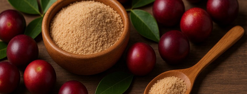 Camu-Camu-Früchte mit grünem Blattwerk neben Holzschälchen und Löffel mit Camu-Camu-Pulver auf Holztisch.