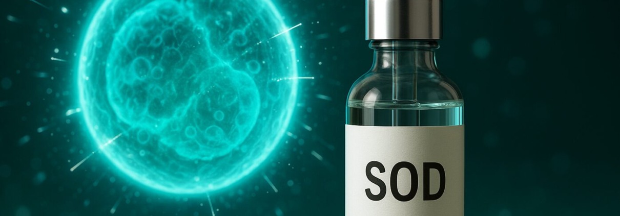 Glasflasche mit SOD-Label vor leuchtender abstrakter Zelle, die freie Radikale abwehrt – Symbol für antioxidativen Zellschutz.