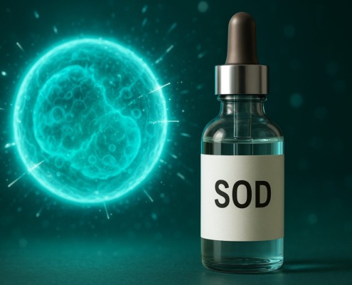 Glasflasche mit SOD-Label vor leuchtender abstrakter Zelle, die freie Radikale abwehrt – Symbol für antioxidativen Zellschutz.