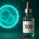 Glasflasche mit SOD-Label vor leuchtender abstrakter Zelle, die freie Radikale abwehrt – Symbol für antioxidativen Zellschutz.