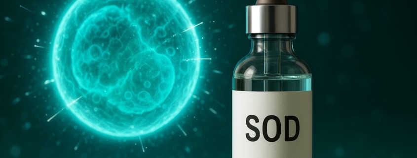 Glasflasche mit SOD-Label vor leuchtender abstrakter Zelle, die freie Radikale abwehrt – Symbol für antioxidativen Zellschutz.