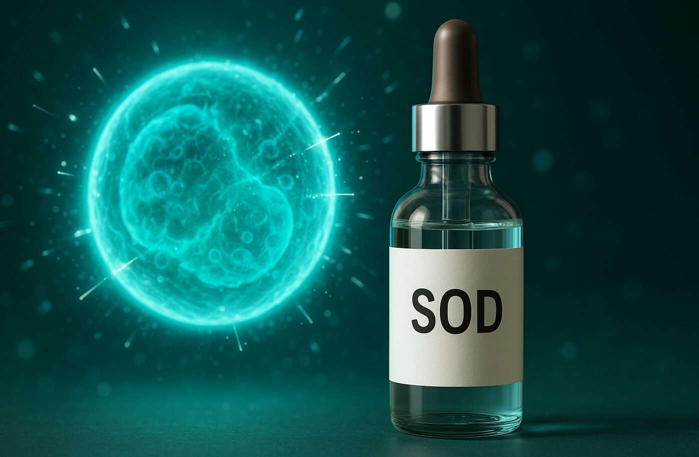 Superoxiddismutase (SOD) – das Methusalem-Enzym: Zellschutz & Anti-Aging 5 Glasflasche mit SOD-Label vor leuchtender abstrakter Zelle, die freie Radikale abwehrt – Symbol für antioxidativen Zellschutz.