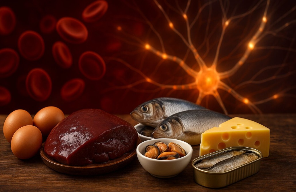B12 reiche Lebensmittel auf einem Tisch. Hintergrund simuliert Blutbildung und Nervensystem.