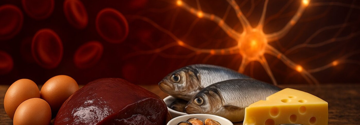 B12 reiche Lebensmittel auf einem Tisch. Hintergrund simuliert Blutbildung und Nervensystem.