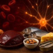 B12 reiche Lebensmittel auf einem Tisch. Hintergrund simuliert Blutbildung und Nervensystem.