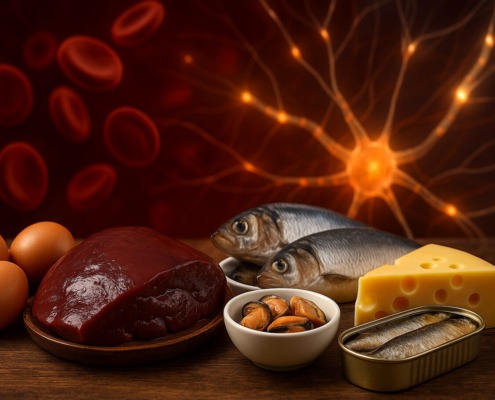 B12 reiche Lebensmittel auf einem Tisch. Hintergrund simuliert Blutbildung und Nervensystem.