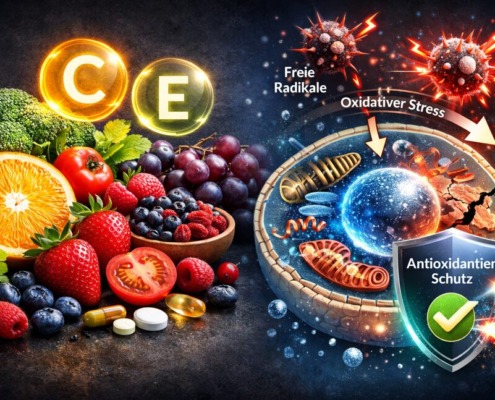 Was sind Antioxidantien? 1 Antioxidantien aus Obst schützen Zellen vor freien Radikalen und oxidativem Stress, dargestellt durch Zellschutz-Illustration und Früchte