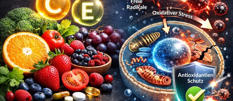 Was sind Antioxidantien? 1 Antioxidantien aus Obst schützen Zellen vor freien Radikalen und oxidativem Stress, dargestellt durch Zellschutz-Illustration und Früchte