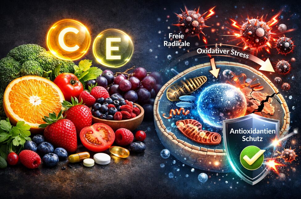 Was sind Antioxidantien? 1 Antioxidantien aus Obst schützen Zellen vor freien Radikalen und oxidativem Stress, dargestellt durch Zellschutz-Illustration und Früchte