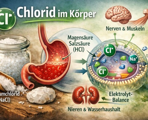 Infografik: Chlorid im Körper – Rolle bei Magensäure, Elektrolythaushalt, Nerven, Muskeln und Wasserregulation