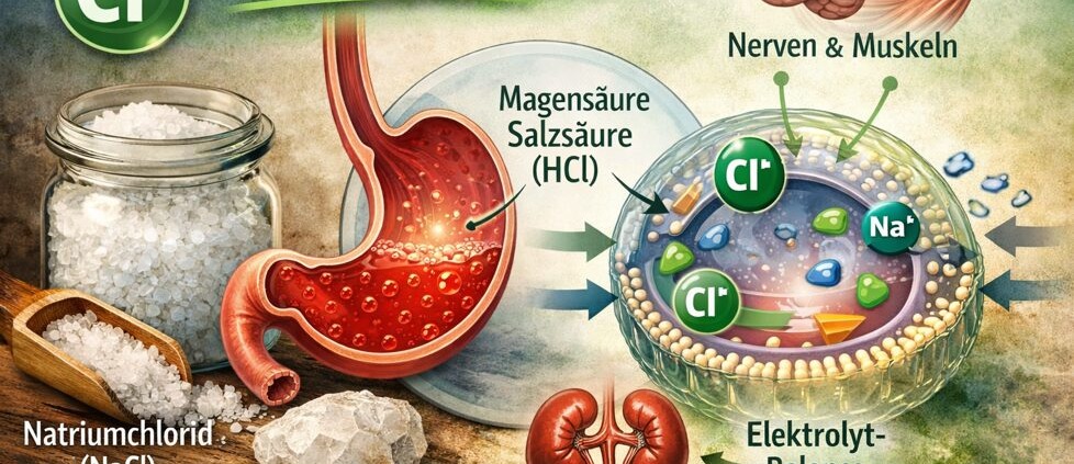 Chlor im Körper: Warum Chlorid lebenswichtig ist 1 Infografik: Chlorid im Körper – Rolle bei Magensäure, Elektrolythaushalt, Nerven, Muskeln und Wasserregulation
