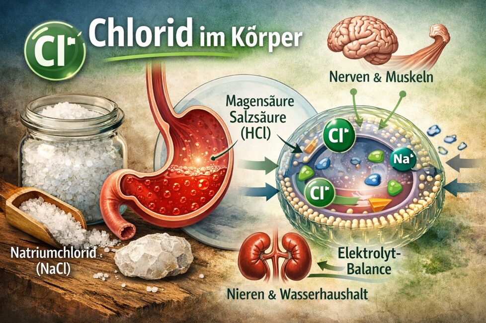 Chlor im Körper: Warum Chlorid lebenswichtig ist 1 Infografik: Chlorid im Körper – Rolle bei Magensäure, Elektrolythaushalt, Nerven, Muskeln und Wasserregulation