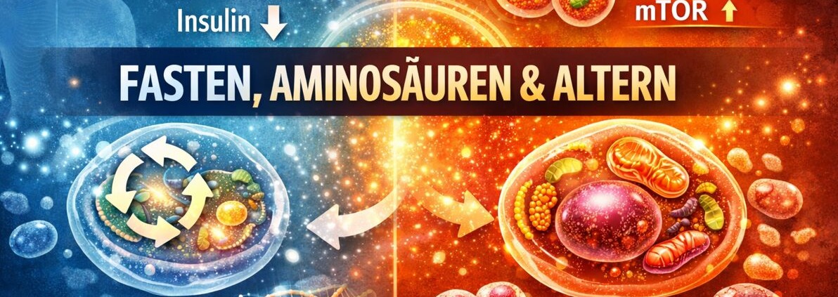 Nicht weniger essen – klüger essen: Fasten, Aminosäuren und Altern 1 Illustration zu Fasten, Aminosäuren und Altern mit Zellreparatur, Autophagie, mTOR-Aktivierung sowie Wachstum vs. Alterung.