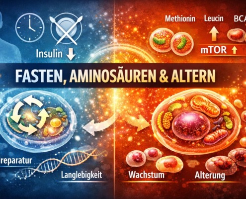 Illustration zu Fasten, Aminosäuren und Altern mit Zellreparatur, Autophagie, mTOR-Aktivierung sowie Wachstum vs. Alterung.
