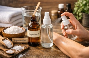 Startseite 8 Selbst hergestelltes Magnesiumöl aus Magnesiumchlorid in Glasflaschen, Anwendung als Spray auf der Haut.