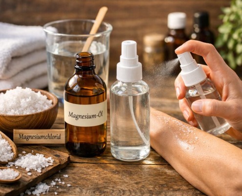 Magnesium-Öl selbst herstellen: einfach und kostengünstig 2 Selbst hergestelltes Magnesiumöl aus Magnesiumchlorid in Glasflaschen, Anwendung als Spray auf der Haut.