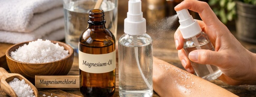 Selbst hergestelltes Magnesiumöl aus Magnesiumchlorid in Glasflaschen, Anwendung als Spray auf der Haut.
