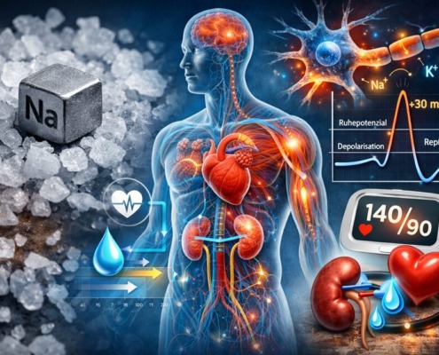 Illustration zeigt Natrium im Körper: Elektrolythaushalt, Nervenimpulse, Herzfunktion, Blutdruck und Wasserregulation im Überblick
