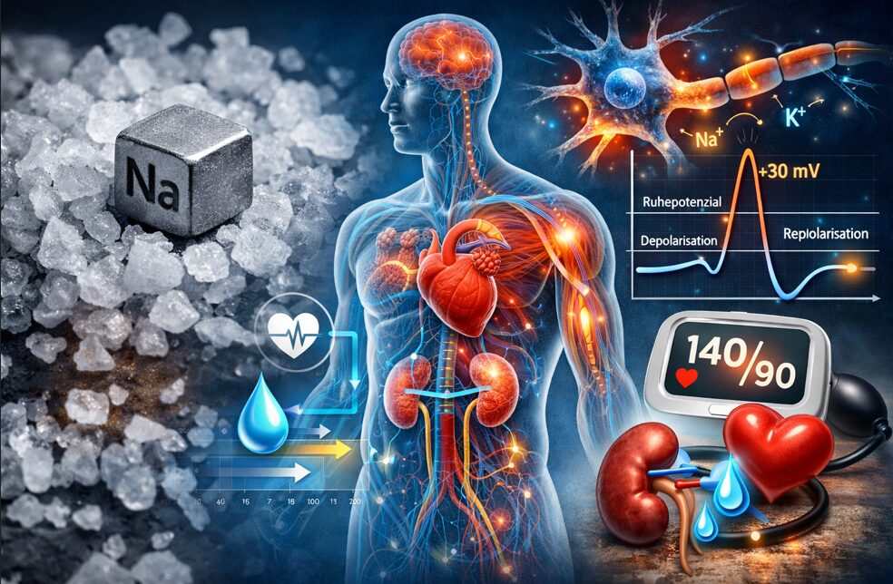 Natrium im Körper: Funktion, Bedarf und Risiken verständlich erklärt 3 Illustration zeigt Natrium im Körper: Elektrolythaushalt, Nervenimpulse, Herzfunktion, Blutdruck und Wasserregulation im Überblick