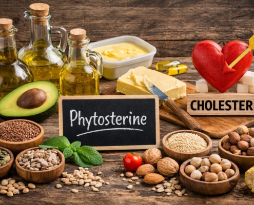 Lebensmittel mit Phytosterinen wie Pflanzenöle, Nüsse, Samen und Margarine zur Einordnung von Cholesterin und Gesundheit