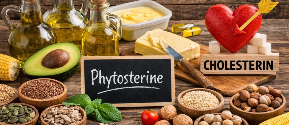Lebensmittel mit Phytosterinen wie Pflanzenöle, Nüsse, Samen und Margarine zur Einordnung von Cholesterin und Gesundheit