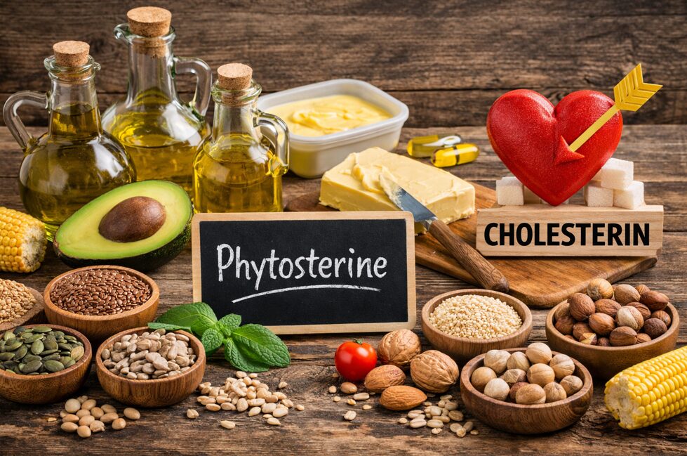 Phytosterine erklärt: Wirkung, Risiken und Cholesterin-Mythos 5 Lebensmittel mit Phytosterinen wie Pflanzenöle, Nüsse, Samen und Margarine zur Einordnung von Cholesterin und Gesundheit