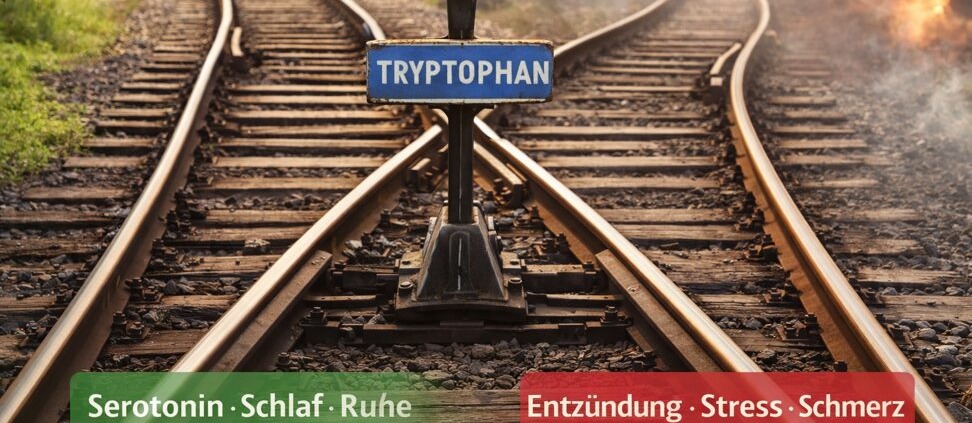 Weiche im Schienennetz mit Schild „Tryptophan“, links grüner Weg für Serotonin und Ruhe, rechts roter Weg für Entzündung, Stress und Schmerz.
