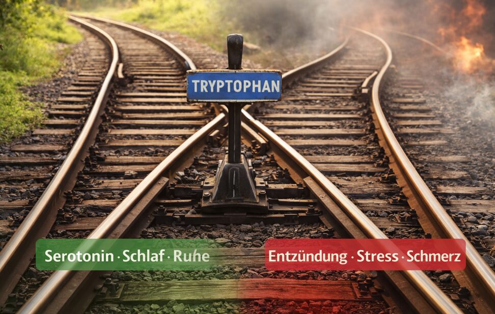 Tryptophan – Schlüsselbaustein für Psyche, Schlaf und Immunsystem 7 Weiche im Schienennetz mit Schild „Tryptophan“, links grüner Weg für Serotonin und Ruhe, rechts roter Weg für Entzündung, Stress und Schmerz.