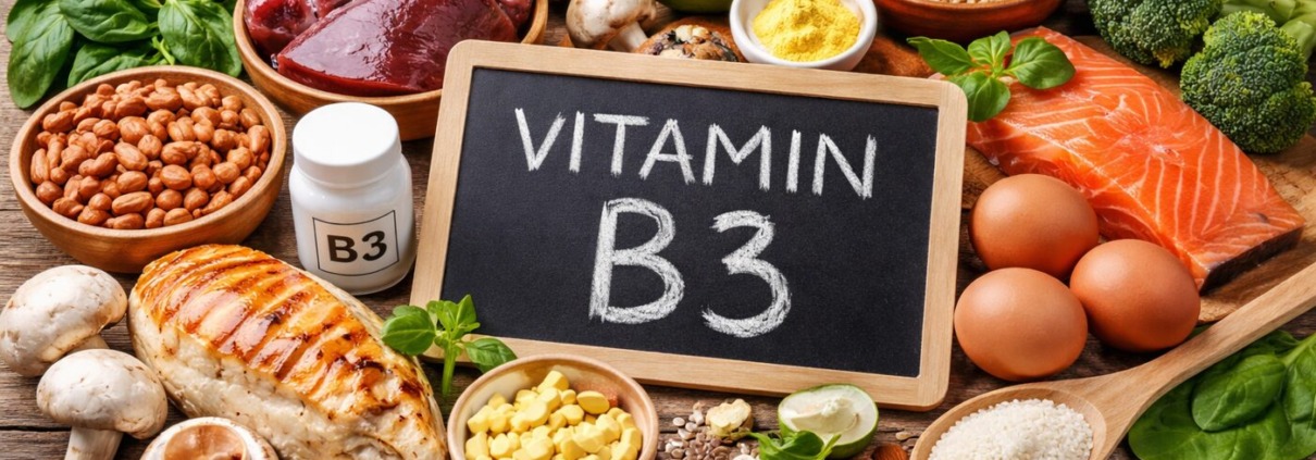 Niacin und Nicotinamid - das Vitamin B3 - mein neues Lieblingsvitamin 1 Vitamin B3 - verschiedene Gemüse liegen auf einem Tisch um zu zeigen worin B3 enthalten ist