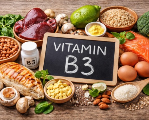 Vitamin B3 - verschiedene Gemüse liegen auf einem Tisch um zu zeigen worin B3 enthalten ist