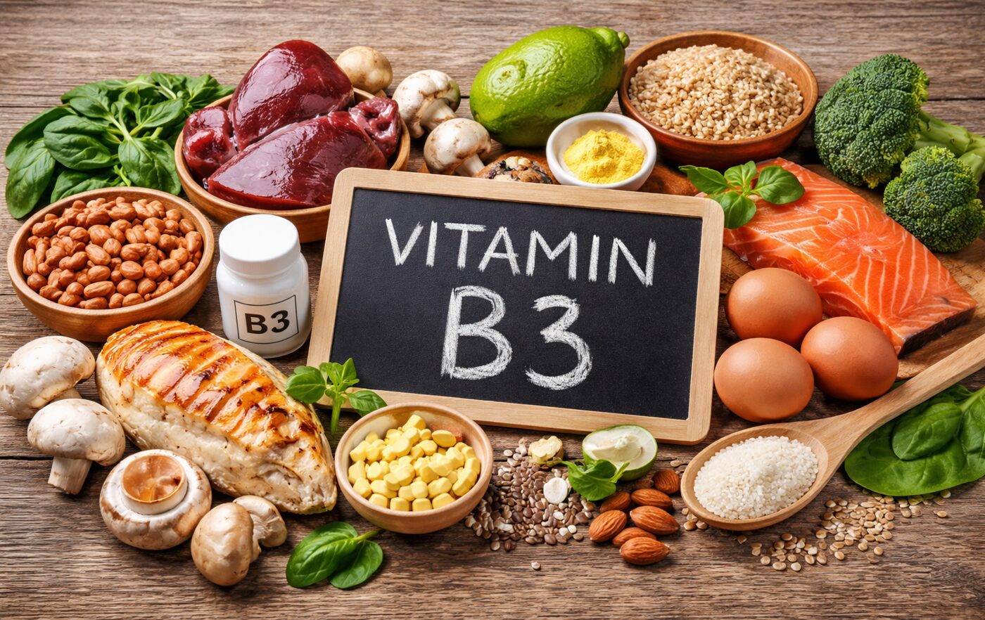 Niacin und Nicotinamid - das Vitamin B3 - mein neues Lieblingsvitamin 1 Vitamin B3 - verschiedene Gemüse liegen auf einem Tisch um zu zeigen worin B3 enthalten ist