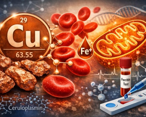 Kupfer als Spurenelement im Stoffwechsel mit Mitochondrien, roten Blutkörperchen, Eisen und Ceruloplasmin Darstellung