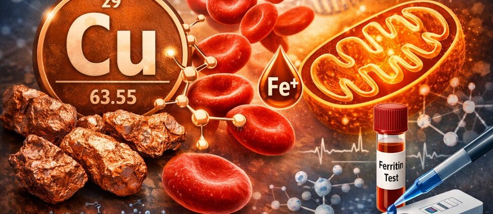 Kupfer als Spurenelement: Funktion, Mangel & Stoffwechsel 1 Kupfer als Spurenelement im Stoffwechsel mit Mitochondrien, roten Blutkörperchen, Eisen und Ceruloplasmin Darstellung