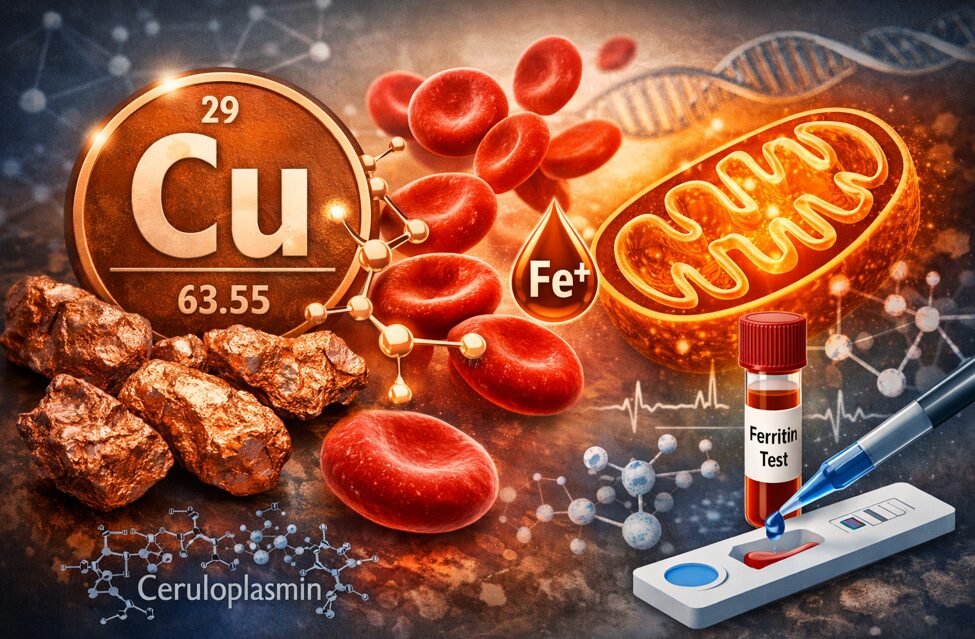 Kupfer als Spurenelement: Funktion, Mangel & Stoffwechsel 1 Kupfer als Spurenelement im Stoffwechsel mit Mitochondrien, roten Blutkörperchen, Eisen und Ceruloplasmin Darstellung